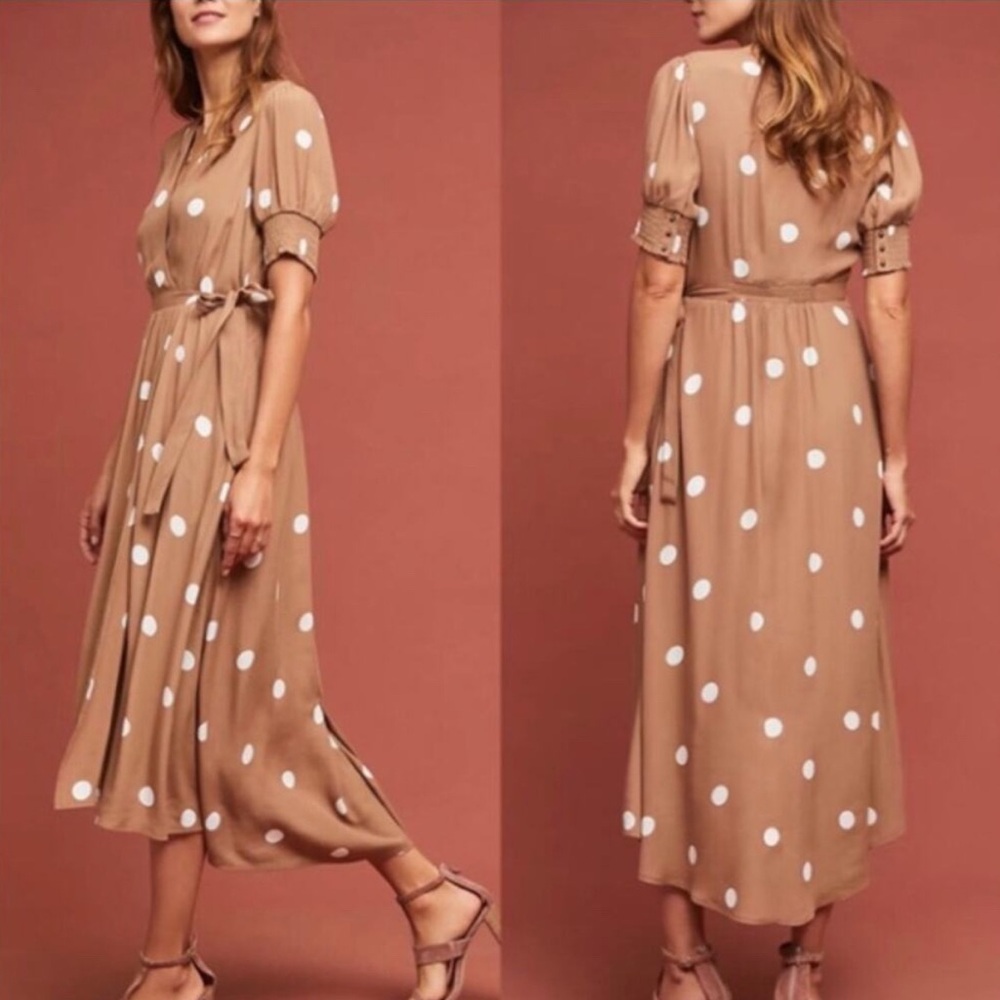 Anthropologie Maeve Brown Bernice Polka Dot Faux Wrap Dress -‎ 6